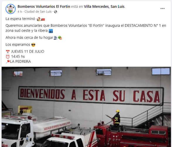 Villa MErcedes: bomberos voluntarios el Fortín inauguran un nuevo destacamento en La Pedrera