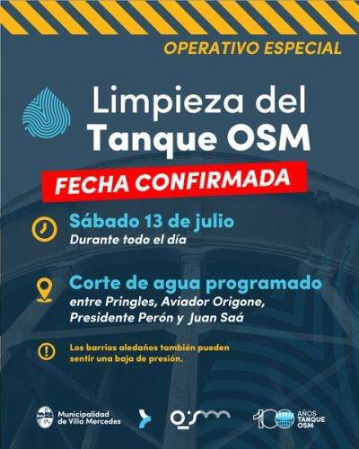 Villa Mercedes: confirmaron que el sábado será la limpieza del tanque de OSM y no habrá agua