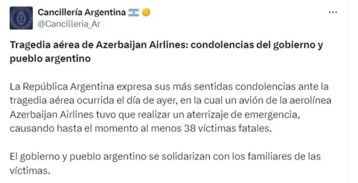 Argentina envió sus condolencias a Azerbaiyán tras un trágico accidente aéreo