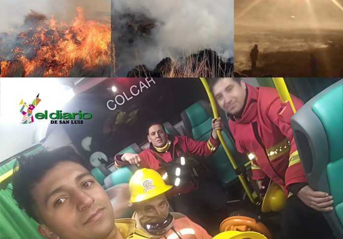 Bomberos de La Carolina regresando en colectivo tras apagar un incendio en Cerros Largos